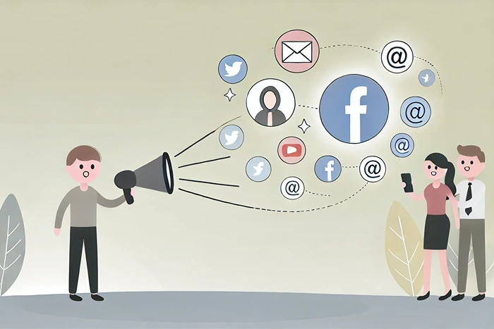 A person using a megaphone with social media icons representing social media marketing in network marketing