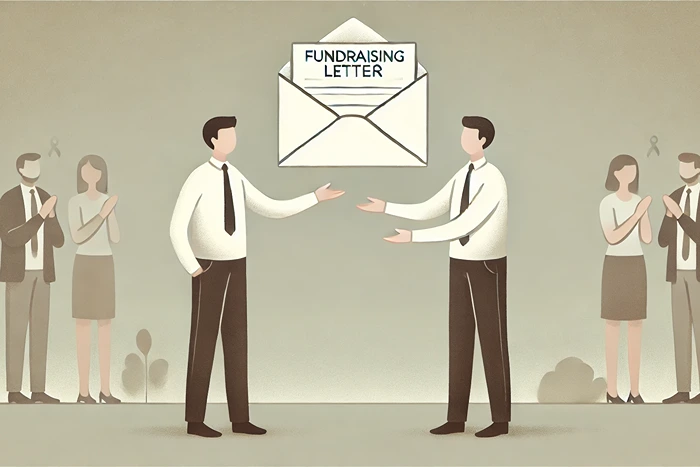 Person handing a fundraising letter to another person