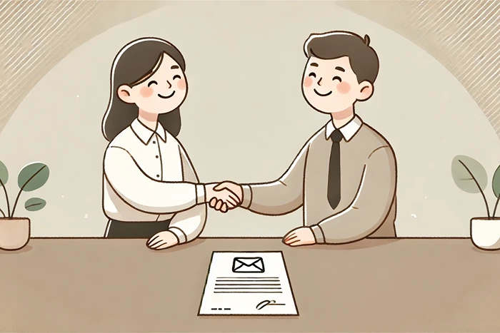 Two people shaking hands with a fundraising letter between them.